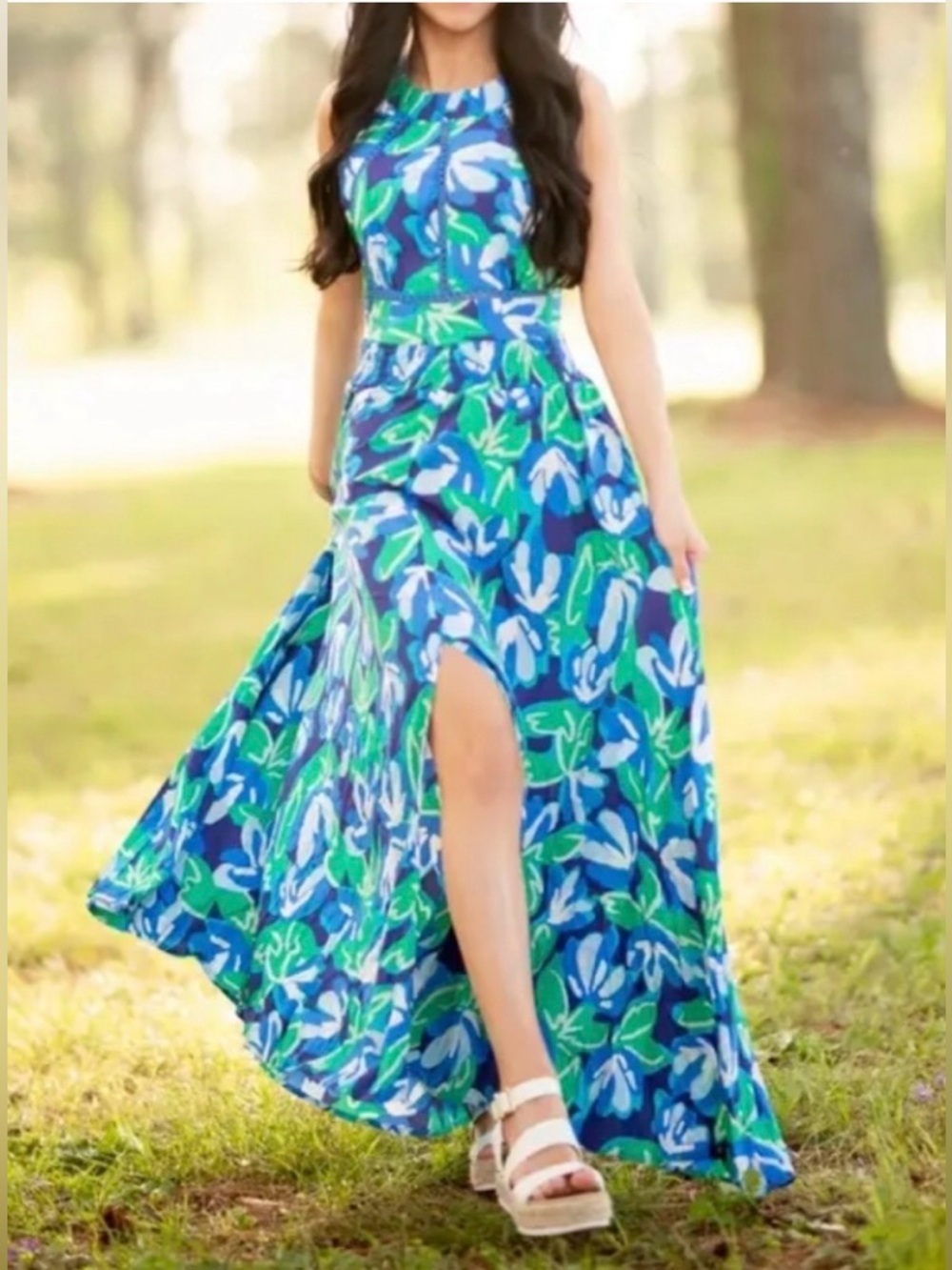 NEW Abel the Label ATL Anthropologie Rumi Maxi Dress Medium Halter‎ Blue Green